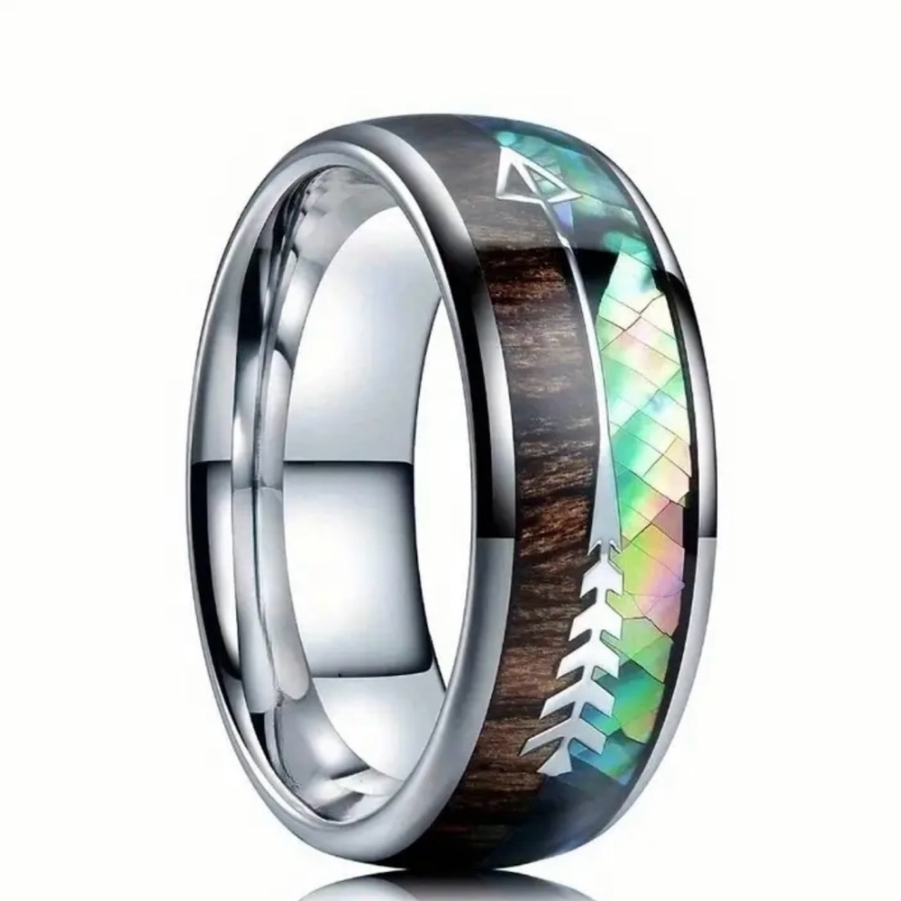 Men’s Stainless Steel 8mm Wooden Fishbone Arrow Band Size 10